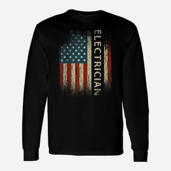Mens Patriotic Electrician Gifts American Usa Flag Funny Lineman Unisex Long Sleeve | Crazezy