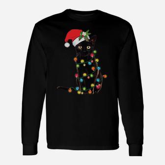 Santa Black Cat Wrapped Up In Christmas Tree Lights Holiday Unisex Long Sleeve | Crazezy