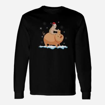 Sloth Riding Pig Walking Around Snow Christmas Cute Unisex Long Sleeve | Crazezy