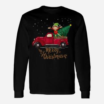 Vintage Red Truck With Elf Merry Christmas Tree Gift Unisex Long Sleeve | Crazezy