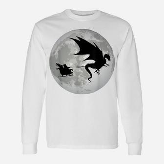 Christmas Santa Claus Flying Past The Moon W Dragon Design Unisex Long Sleeve | Crazezy