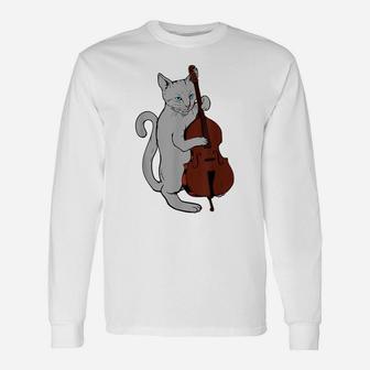 Jazz Cat Playing Upright Bass Shirt Cool Musician Unisex Long Sleeve | Crazezy