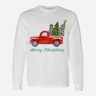 Merry Christmas Leopard Plaid Christmas Tree Shirt Red Truck Unisex Long Sleeve | Crazezy
