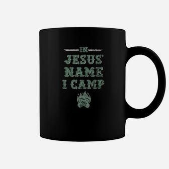In Jesus Name I Camp Distressed Christian Camping Coffee Mug | Crazezy DE