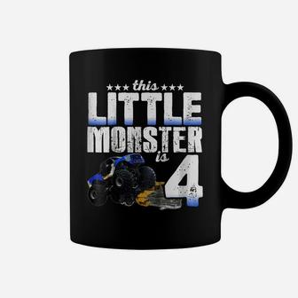 Kids 4 Years Old Little Monster Truck Shirt 4Th Birthday Gift Tee Coffee Mug | Crazezy CA