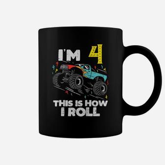 Kids Im 4 How I Roll Monster Truck Cute 4Th Birthday Boys Gift Coffee Mug | Crazezy