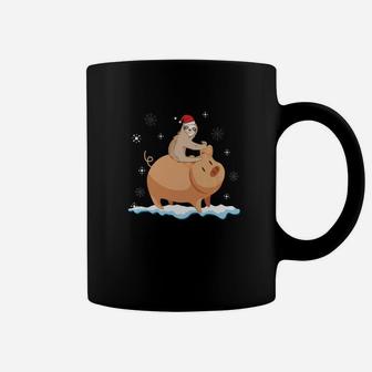 Sloth Riding Pig Walking Around Snow Christmas Cute Coffee Mug | Crazezy
