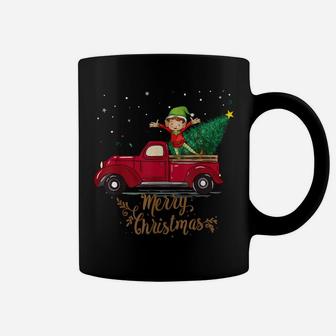 Vintage Red Truck With Elf Merry Christmas Tree Gift Coffee Mug | Crazezy