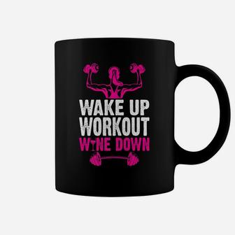 Wake Up Workout Wine Down Funny Weightlifting Coffee Mug | Crazezy