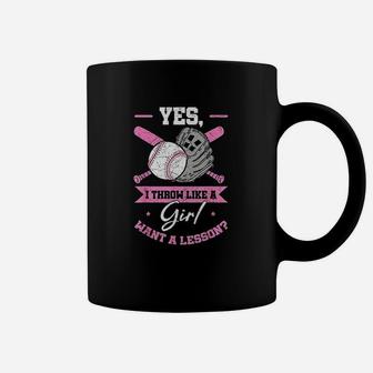 Yes I Throw Like A Girl Want A Lesson Baseball Softball Gift Coffee Mug | Crazezy