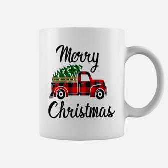 Womens Merry Christmas Pick Up Truck Country Tree Red Buffalo Plaid Coffee Mug | Crazezy DE