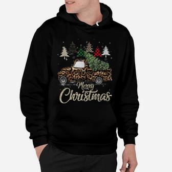 Buffalo Plaid Christmas Tree Red Truck With Leopard Print Hoodie | Crazezy