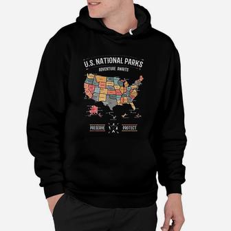 Us National Parks Map Preserve Protect Hiking Camping Hoodie | Crazezy
