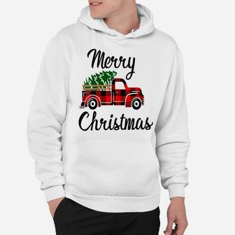 Womens Merry Christmas Pick Up Truck Country Tree Red Buffalo Plaid Hoodie | Crazezy CA