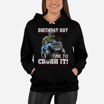 Birthday Boy Dinosaur Monster Truck Birthday Gift For Boys Women Hoodie | Crazezy