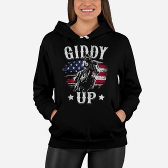 Giddy Up Cowboy Western Rodeo Riding American Flag Boys Gift Women Hoodie | Crazezy