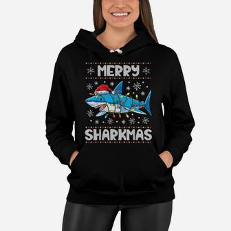 Merry Sharkmas Shark Santa Ugly Christmas Lights Boys Xmas Women Hoodie | Crazezy