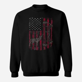 American Flag Deer Bow Hunting Patriotic Distressed Sweatshirt | Crazezy