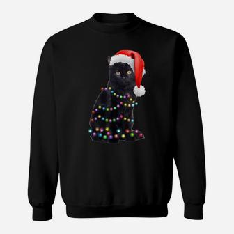 Black Cat Christmas Light Funny Cat Lover Christmas Pajama Sweatshirt | Crazezy