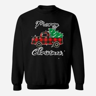 Buffalo Plaid Christmas Tree Cute Red Truck Xmas Gift Raglan Baseball Tee Sweatshirt | Crazezy
