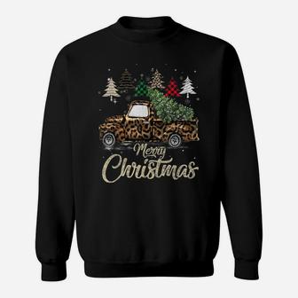 Buffalo Plaid Christmas Tree Red Truck With Leopard Print Sweatshirt | Crazezy