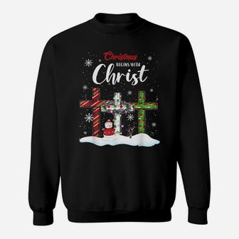 Christmas Begins With Christ Snowman Christian Cross Xmas Sweatshirt | Crazezy DE