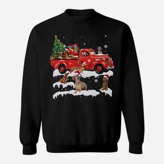 Dachshund Riding Red Truck Merry Christmas X-Mas Ugly Gift Sweatshirt | Crazezy