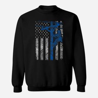 Distressed Patriotic Thin Blue Line Lineman American Flag Sweatshirt | Crazezy