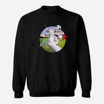 France Cat Riding Unicorn Playing Soccer Simple Art Sweatshirt | Crazezy