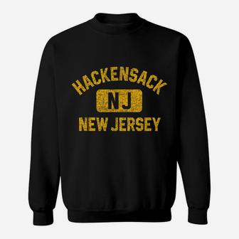 Hackensack NJ New Jersey Gym Style Distressed Amber Print Sweatshirt | Crazezy