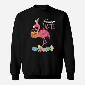 Happy Easter Flamingo With Easter Egg Basket Hunting Sweatshirt | Crazezy