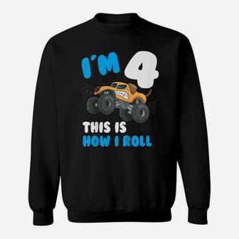 Kids Im 4 This Is How I Roll Monster Trucks 4Th Year Birthday Sweatshirt | Crazezy