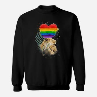 LGBTQ Pride Mommy Lion With Baby Rainbow Heart Love Sweatshirt | Crazezy