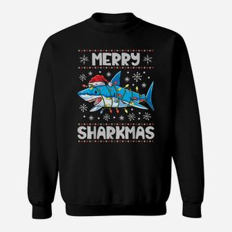 Merry Sharkmas Shark Santa Ugly Christmas Lights Boys Xmas Sweatshirt | Crazezy