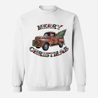 Christmas Red Truck Xmas Gift Tree Vintage Merry Christmas Raglan Baseball Tee Sweatshirt | Crazezy