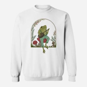 Cottagecore Aesthetic Frog Playing Banjo On Mushroom Cute Sweatshirt | Crazezy