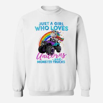 Just A Girl Who Loves Unicorns And Monster Trucks Girls Kids Sweatshirt Sweatshirt | Crazezy