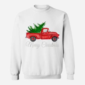Merry Christmas Watercolor Red Truck With Farm Fresh Tree Sweatshirt | Crazezy