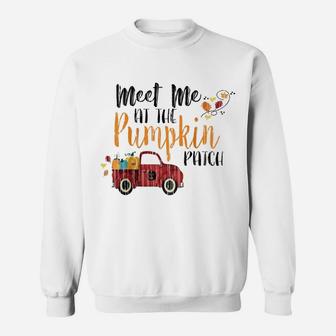Womens Meet Me At The Pumpkin Patch Cute Vintage Truck Love Fall Raglan Baseball Tee Sweatshirt | Crazezy DE