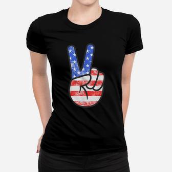 American Flag Peace Sign Hand Fourth Of July Gift Women T-shirt | Crazezy