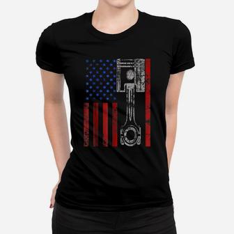 American Flag Piston Muscle Car Patriotic Vintage Women T-shirt | Crazezy