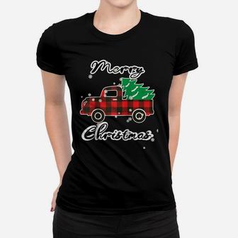 Buffalo Plaid Christmas Tree Cute Red Truck Xmas Gift Raglan Baseball Tee Women T-shirt | Crazezy