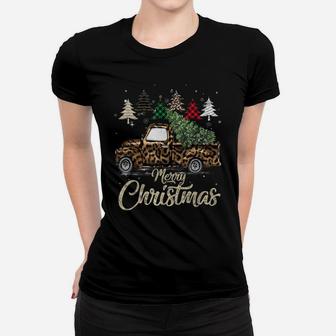 Buffalo Plaid Christmas Tree Red Truck With Leopard Print Women T-shirt | Crazezy CA