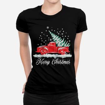Christmas Classic Old Red Truck Classic XMAS Tree Raglan Baseball Tee Women T-shirt | Crazezy
