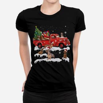 Dachshund Riding Red Truck Merry Christmas X-Mas Ugly Gift Women T-shirt | Crazezy