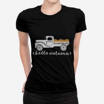Fall Autumn With Vintage Truck Filled With Pumpkins Women T-shirt | Crazezy