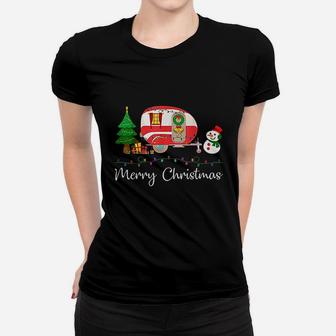 Funny Camping Merry Christmas Tree Camper Snowman Rv Lights Women T-shirt | Crazezy