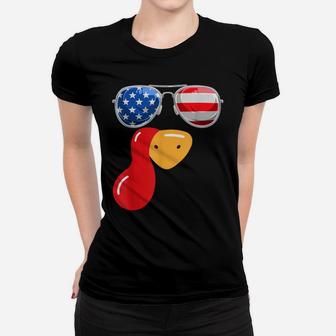 Funny Cute Turkey Face Thanksgiving American Flag Sunglasses Women T-shirt | Crazezy