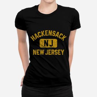 Hackensack NJ New Jersey Gym Style Distressed Amber Print Women T-shirt | Crazezy CA