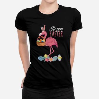 Happy Easter Flamingo With Easter Egg Basket Hunting Women T-shirt | Crazezy